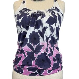 American Eagle Boho Floral Tank Smocked Neckline Small Pink Gray White